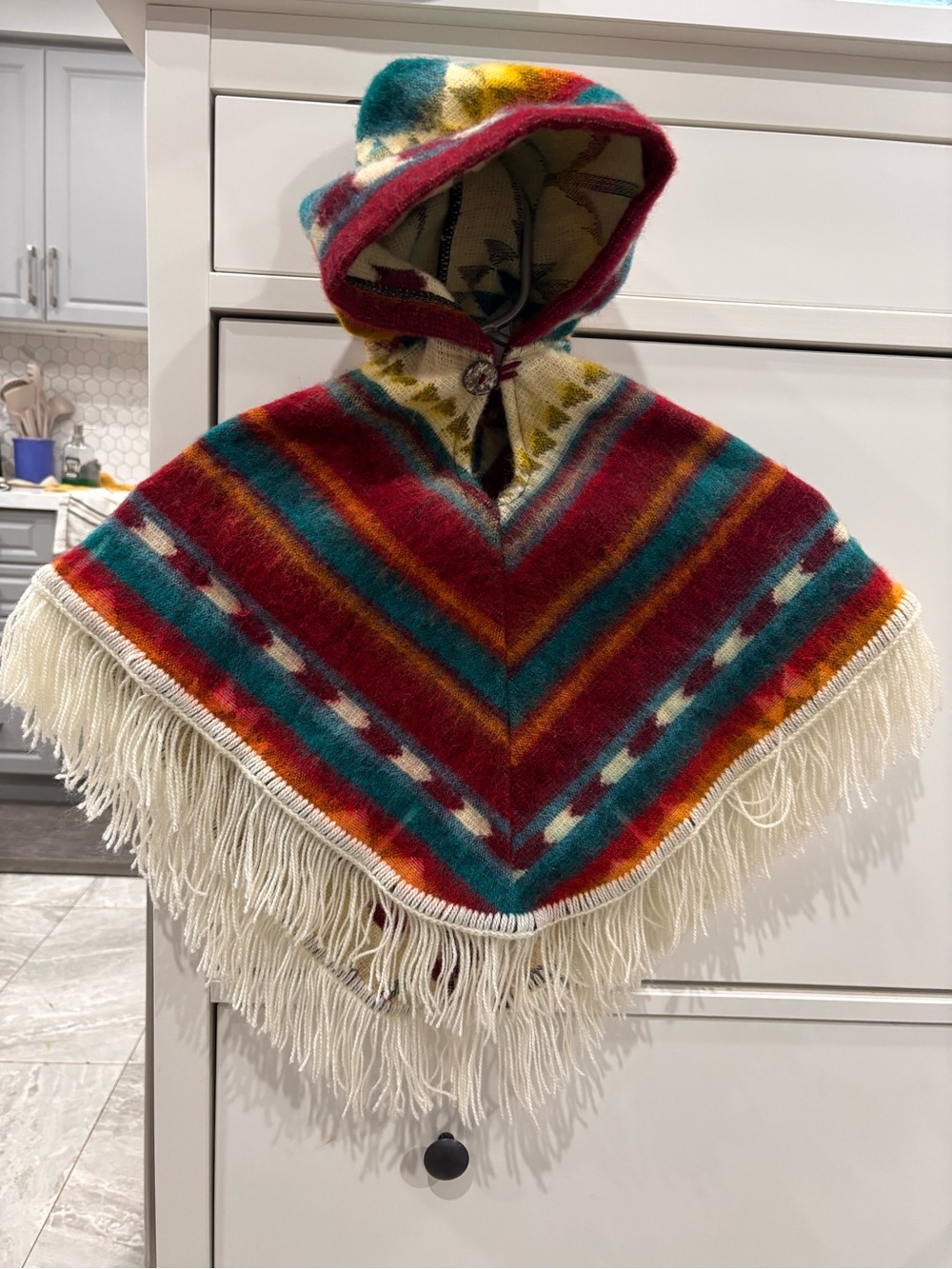 Handwoven Multicolor Hooded Poncho - Teal & Red with Cream Fringe